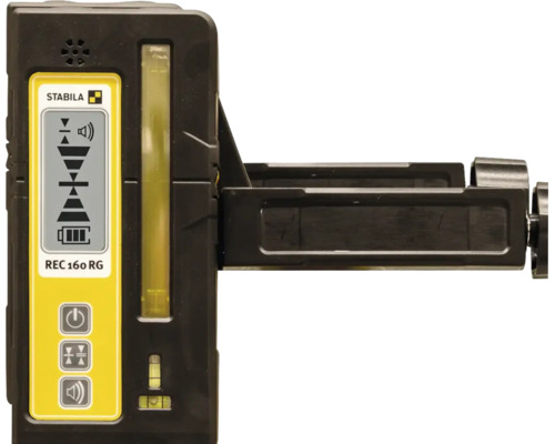 Récepteur laser Stabila REC 160 RG avec support, Stabila Logo, écran numérique et fioles pour des mesures précises.