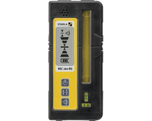 Récepteur laser Stabila REC 160 RG avec écran, boutons de commande et nivelles pour l'alignement horizontal et vertical.