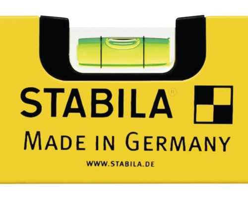 Vue détaillée d'un niveau à bulle Stabila avec fiole, Stabila Logo et indication d'origine Made in Germany.