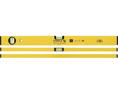 Stabila Wasserwaage Type 70, 60 Zentimeter, gelb, Aluminium-Rechteckprofil mit einer Horizontal-Libelle und einer Vertikal-Libelle.
