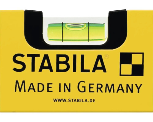 Gros plan d'un niveau à bulle Stabila avec fiole, Stabila Logo et l'inscription Fabriqué en Allemagne.