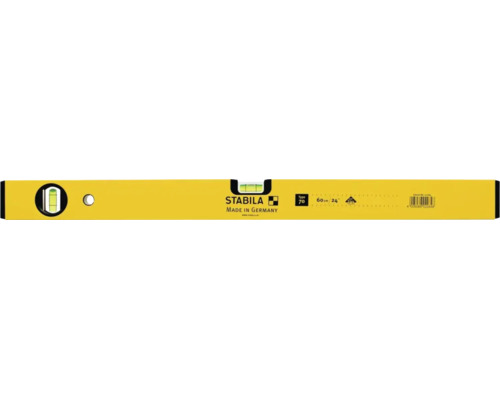 Niveau à bulle Stabila type 70, longueur 60 centimètres, avec fioles horizontale et verticale.