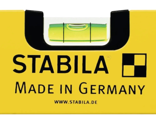 Vue détaillée d'un niveau à bulle jaune Stabila avec fiole, Stabila Logo et marquage de fabrication en Allemagne.