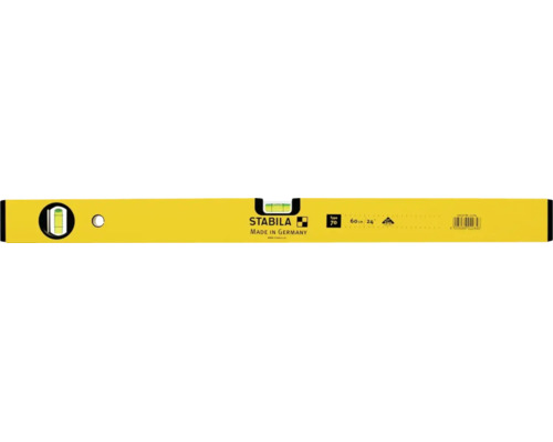 Niveau à bulle jaune Stabila type 70 avec une longueur de 60 centimètres et des fioles pour mesures horizontales et verticales.