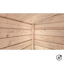 Paroi intérieure en bois d un sauna avec des éléments muraux en bois résineux non traité. (Image AI modified or generated)