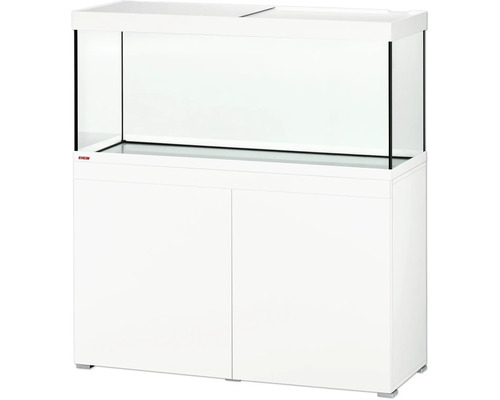Eheim Aquarium-Kombination mit Glasbecken, Abdeckung und weißem Unterschrank mit zwei Türen.