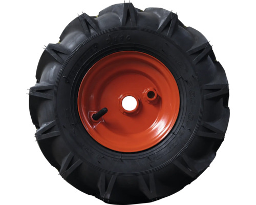 Pneu agraire sur jante en acier orange pour motoculteur ou motobineuse.