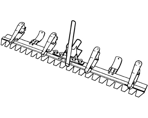 Dessin schématique d'un râteau niveleur avec bord dentelé et leviers.