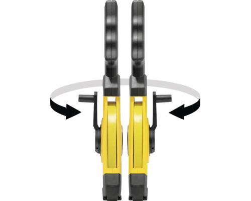 Mètre ruban à cadre avec manivelle, utilisable des deux côtés grâce à la fonction de rotation.