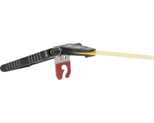 Accessoire pour systèmes de nivellement de carrelage avec poignée noire, élément métallique et bande en plastique jaune.