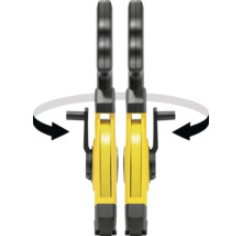 Mètre ruban à cadre avec manivelle, utilisable des deux côtés grâce à la fonction de rotation.