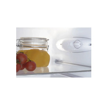 Vue intérieure d'un réfrigérateur avec clayette en verre, bocal, tomates et bouton de réglage du thermostat mécanique.