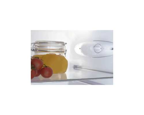 Vue intérieure d'un réfrigérateur avec clayette en verre, bocal, tomates et bouton de réglage du thermostat mécanique.