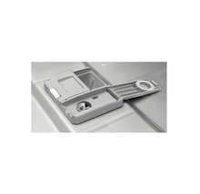 Distributeur en plastique gris pour détergent et liquide de rinçage dans un lave-vaisselle.