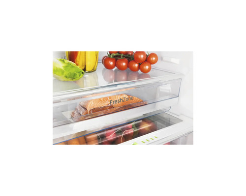Vue intérieure organisée d'un réfrigérateur avec un tiroir FreshZone pour les aliments tels que le poisson et les légumes frais.