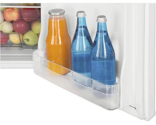 Balconnet de porte de réfrigérateur en plastique transparent avec bouteilles en verre pour jus et eau.