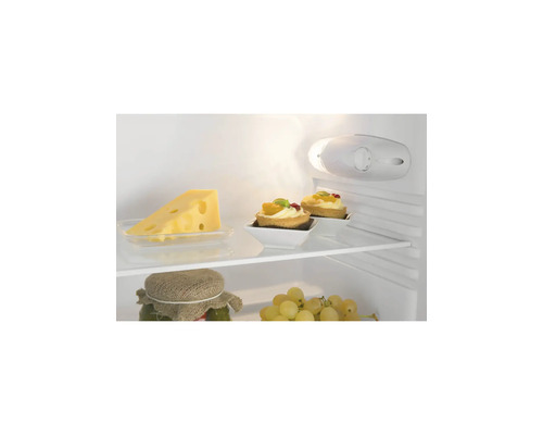 Intérieur d'un réfrigérateur avec clayettes en verre, fromage, tartelettes et raisin. Éclairage et thermostat visibles.