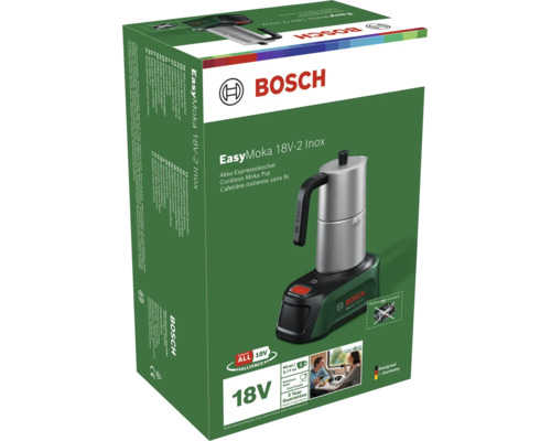 Verpackung des Bosch Akku-Espressokochers EasyMoka 18V-2 Inox, kabellose Moka-Kanne aus Edelstahl für 18 Volt Akkusysteme.