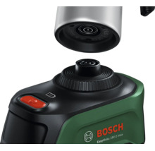 Basisstation mit Bosch Logo und Unterseite der Bosch EasyMoka 18 Volt 2 Inox Akku-Espressokanne mit Anschlussmechanismus.