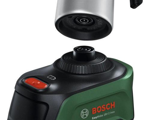 Basisstation mit Bosch Logo und Unterseite der Bosch EasyMoka 18 Volt 2 Inox Akku-Espressokanne mit Anschlussmechanismus.