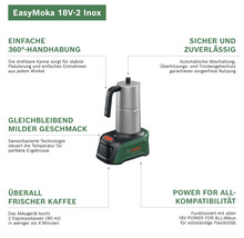 Bosch Akku-Espressokocher EasyMoka 18 Volt-2 Inox mit 360 Grad Handhabung, Abschaltautomatik und Power for All Akku-System.