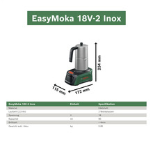 Akku-Espressokocher Bosch EasyMoka 18V-2 Inox aus Edelstahl mit Abmessungen 234 mal 172 mal 115 Millimeter und Tabelle mit technischen Daten.