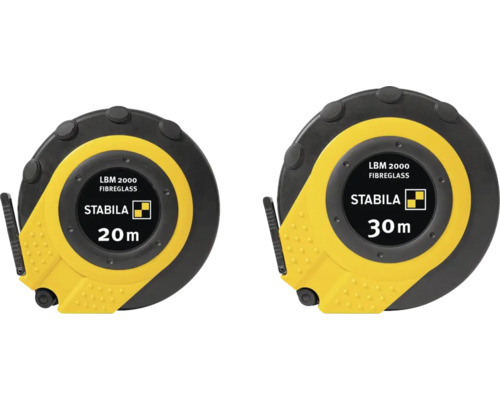 Ruban à mesurer en fibre de verre Stabila LBM 2000 jaune et noir en longueurs de 20 mètres et 30 mètres.