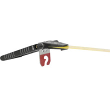 Accessoire pour systèmes de nivellement de carrelage avec poignée noire, élément métallique et bande en plastique jaune.