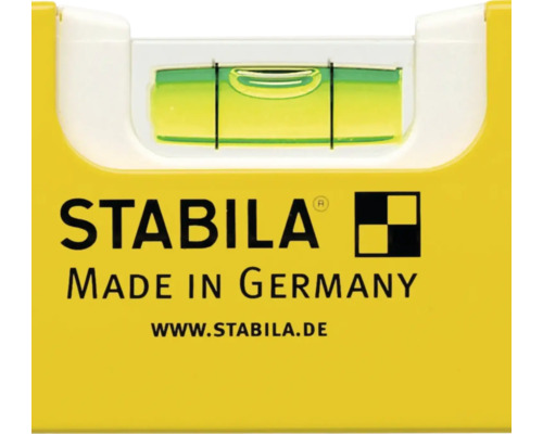 Vue détaillée d'un niveau à bulle Stabila avec fiole et Stabila Logo.