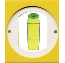 Vue de détail de la fiole verticale pour niveau à bulle dans un boîtier jaune.