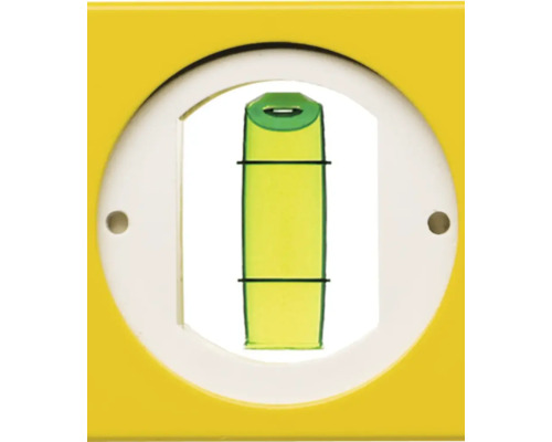Vue de détail de la fiole verticale pour niveau à bulle dans un boîtier jaune.