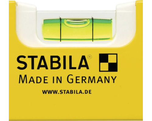 Gros plan d'une fiole de niveau à bulle Stabila, du Stabila Logo et du symbole d'origine Made in Germany.