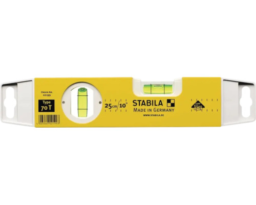 Niveau à bulle Stabila Type 70 T avec une fiole horizontale et une fiole verticale, longueur 25 centimètres.