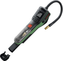 Pompe à air sans fil Bosch avec écran numérique, boutons de commande, tuyau flexible et rangement intégré pour accessoires.
