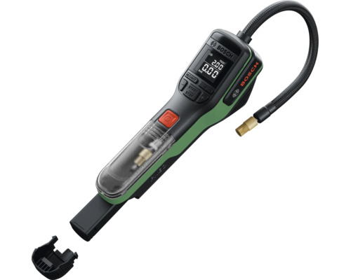 Pompe à air sans fil Bosch avec écran numérique, boutons de commande, tuyau flexible et rangement intégré pour accessoires.
