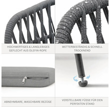 Produktdetails eines Gartenmöbelstücks mit Olefin-Seilgeflecht, wetterfester Oberfläche, abnehmbarem Kissenbezug und verstellbaren Füßen.
