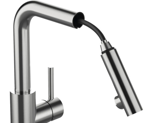 Mitigeur de cuisine moderne avec douchette extractible et commande unique en métal brossé.