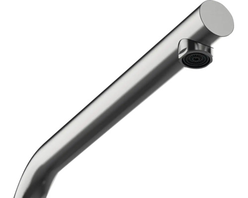 Bec de robinet en acier inoxydable avec mousseur intégré.