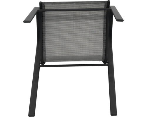 Vue arrière d une chaise de jardin avec structure métallique et textilène.