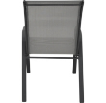 Vue arrière d'une chaise de jardin avec cadre en aluminium et revêtement en textilène.