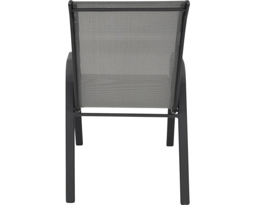 Vue arrière d'une chaise de jardin avec cadre en aluminium et revêtement en textilène.