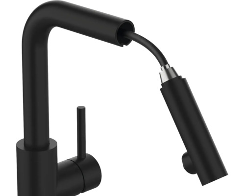 Mitigeur de cuisine en noir mat avec douchette extractible.