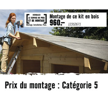 Montage d'un abri de jardin en bois par une personne avec une visseuse, Hornbach Logo et prix pour la catégorie de montage 5.