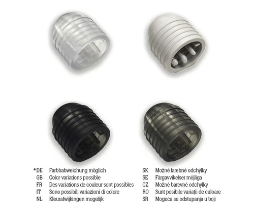 Embouts à lamelles en plastique en plusieurs modèles avec la mention que des variations de couleur sont possibles.