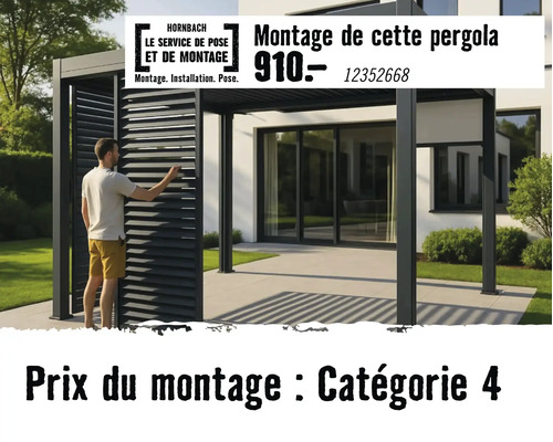 Logo Hornbach et service de pose pour le montage d'une pergola moderne avec lames orientables catégorie quatre dans un jardin devant une maison.