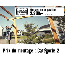 Un artisan monte un pavillon en bois dans un jardin, prix du service de montage Hornbach catégorie 2.