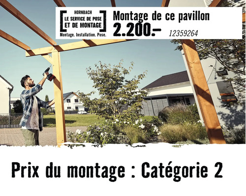 Un artisan monte un pavillon en bois dans un jardin, prix du service de montage Hornbach catégorie 2.