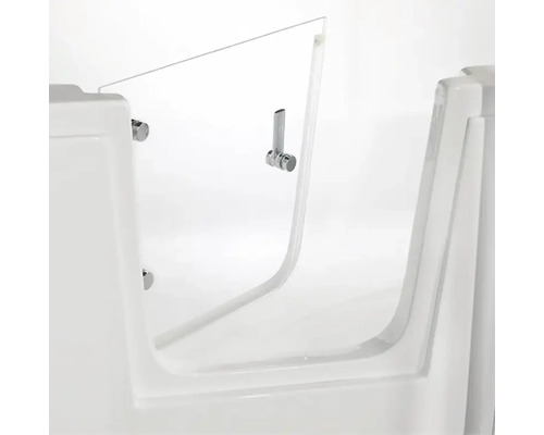 Baignoire à porte blanche avec porte en verre transparent et poignée chromée pour un accès sans obstacles.