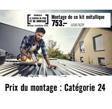 Artisan scellant un toit en métal avec un pistolet à cartouche. Hornbach Logo avec prix pour catégorie 24.