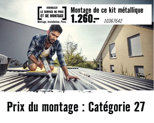 Service de montage Hornbach pour un kit métallique de catégorie de prix 27, illustré par un artisan sur un toit en tôle ondulée.